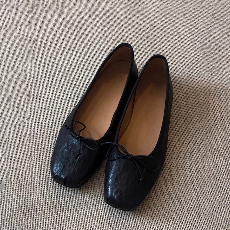 Genuine leather black ballet granny shoes bow pumps women's flat Mary Jane shoes