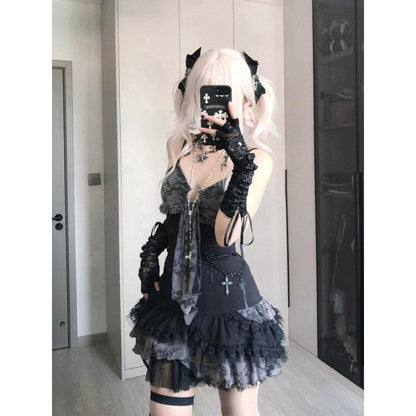 binfenxie-shop y2k outfits Summer Fashion Hot Girl Asian Culture Slimming Contrast Color Suspender Skirt New Design Sense Lace Stitching Dress Women