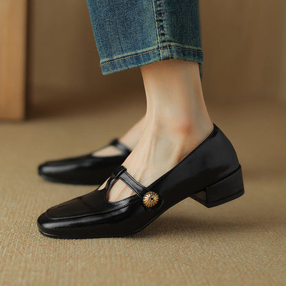 Literary temperament small gold buckle Mary Jane shoes full leather spring thick medium heel round toe cowhide single shoes for women 41 large size