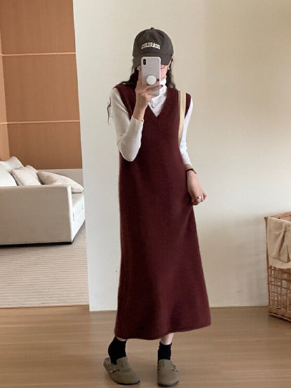 binfenxie-shop dress to impress outfits V-neck Long Vest Sleeveless Sweater Dress Women's Autumn and Winter Loose Belly Covering Temperament Mid-Length Knitted Skirt