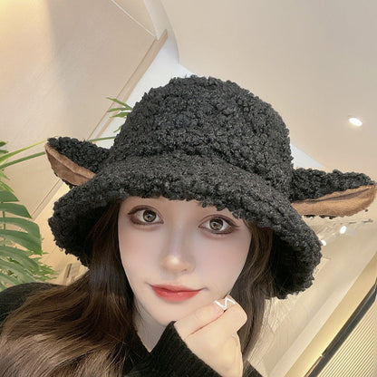 binfenxie-shop lolíta fashion dress to impress Hat Female Winter Cute Cartoon Lamb Ears Fisherman Hat All-Match Warm Lamb Plush Ear Protection Basin Hat