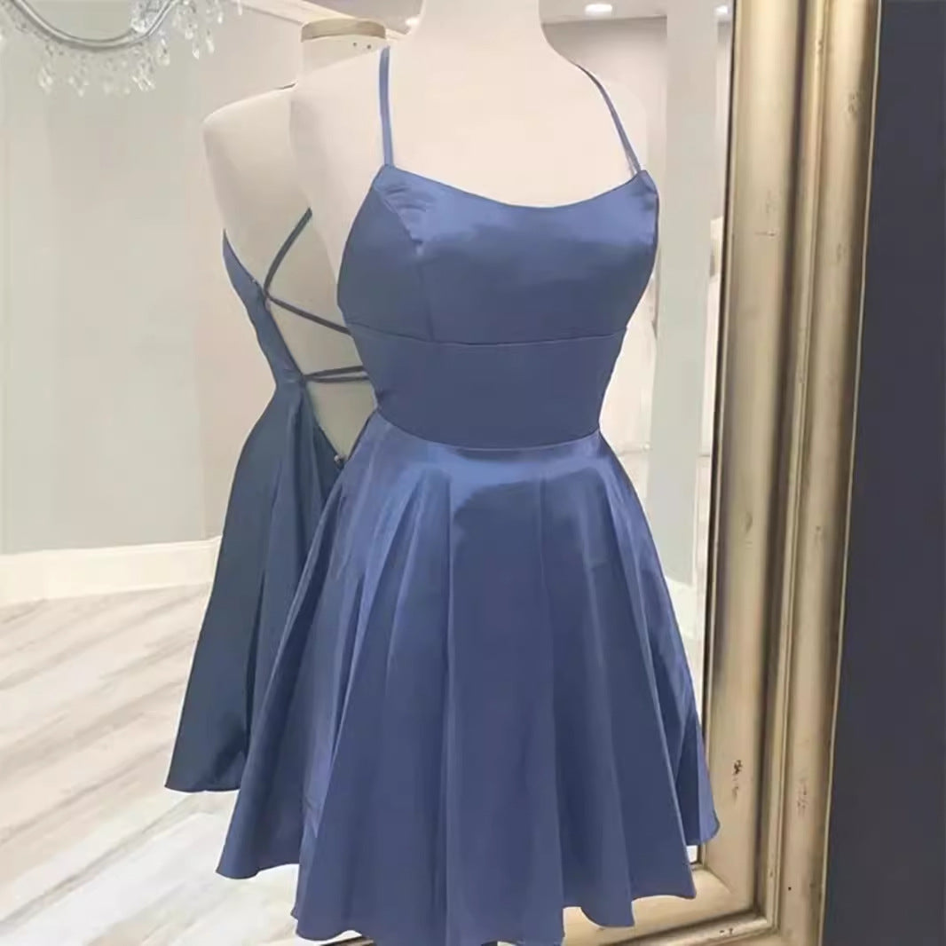 binfenxie-shop prom dresses Blue Strap Engagement Evening Dress Women's French-Style High-End Light Luxury Niche Host Hepburn Style Princess Dress