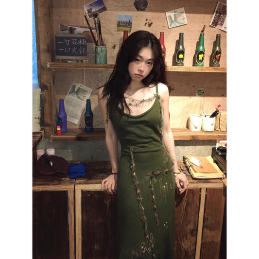 binfenxie outfit inspo Spring and Autumn Retro Green Knitted Sling Dress Women's Hot Girl Style Tight Waist Outer Wear Ripped Sheath Long Skirt