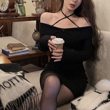 binfenxie-shop outfit inspo Autumn and Winter New Pure Desire Style Sexy off-Shoulder Halter off-the-Collarbone Slim Knit Long Sleeve Dress