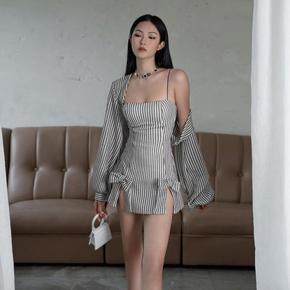 binfenxie-shop dresses Autumn Fashion Trendy Women's Clothing New Strap off-Shoulder Slim Hip Striped Dress