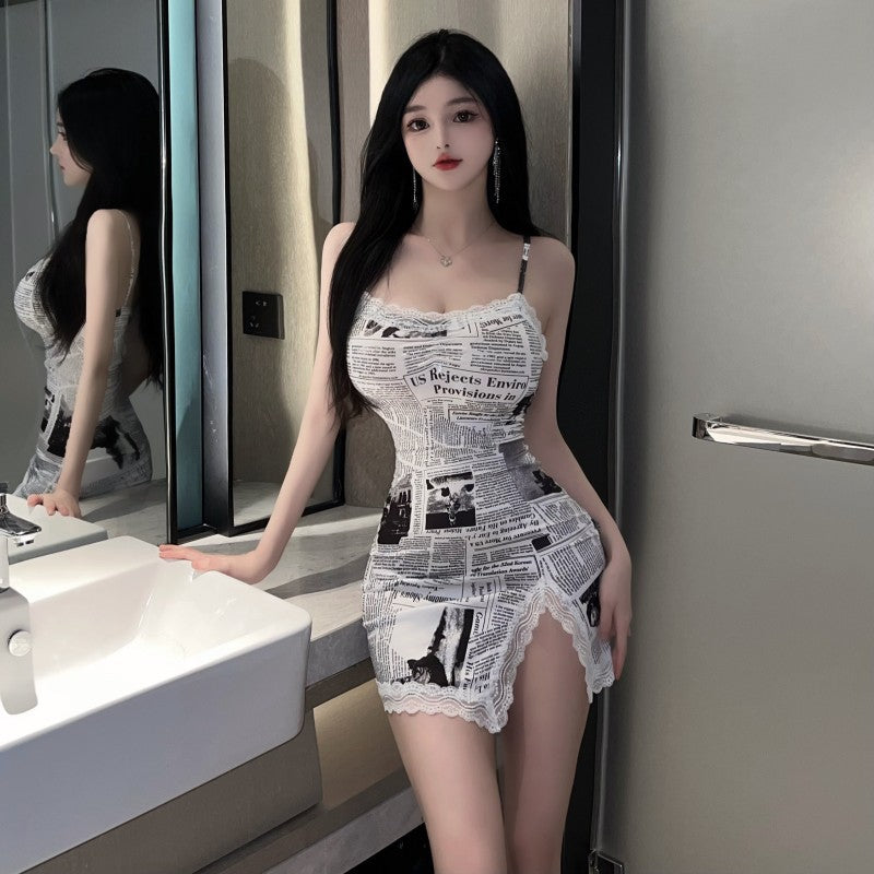 binfenxie-shop 2000s fashion Sexy Hot Girl Design Newspaper Print Lace Edge Split Suspender Skirt Slim Fit Sheath Dress Women