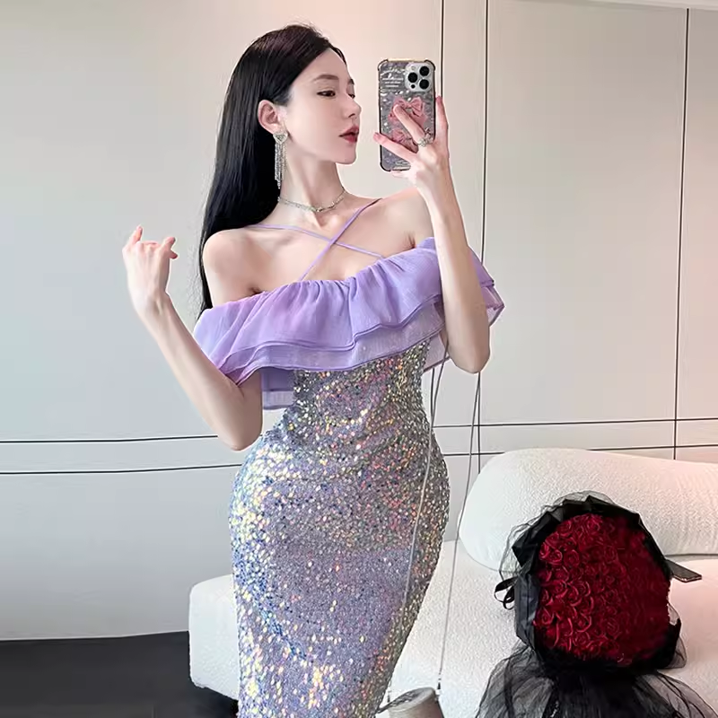 Off The Shoulder Purple Dress  HOT1479