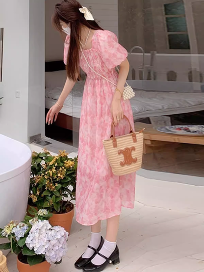 Pink Square Neck Floral Chiffon Dress HOT1548