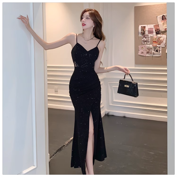 Black V-neck Slit Long Dress HOT1254