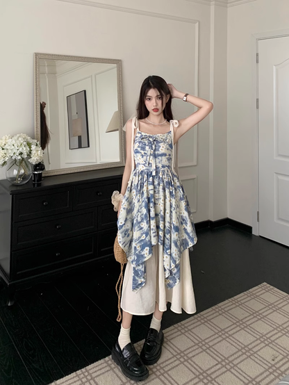 Oil Painting Floral Suspender Dress Women's Summer Stitching Fake Two Piece Skirt HOT1190