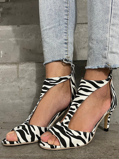 Plus Size Women Casual Fashion Zebra Leopard Print Comfy Back-zip Heeled Sandals