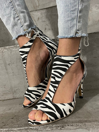 Plus Size Women Casual Fashion Zebra Leopard Print Comfy Back-zip Heeled Sandals