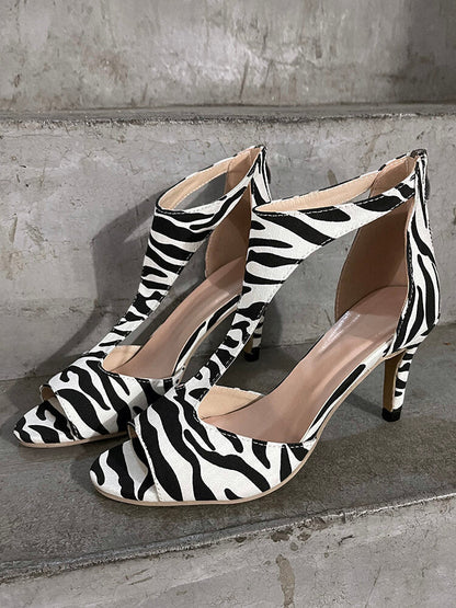 Plus Size Women Casual Fashion Zebra Leopard Print Comfy Back-zip Heeled Sandals