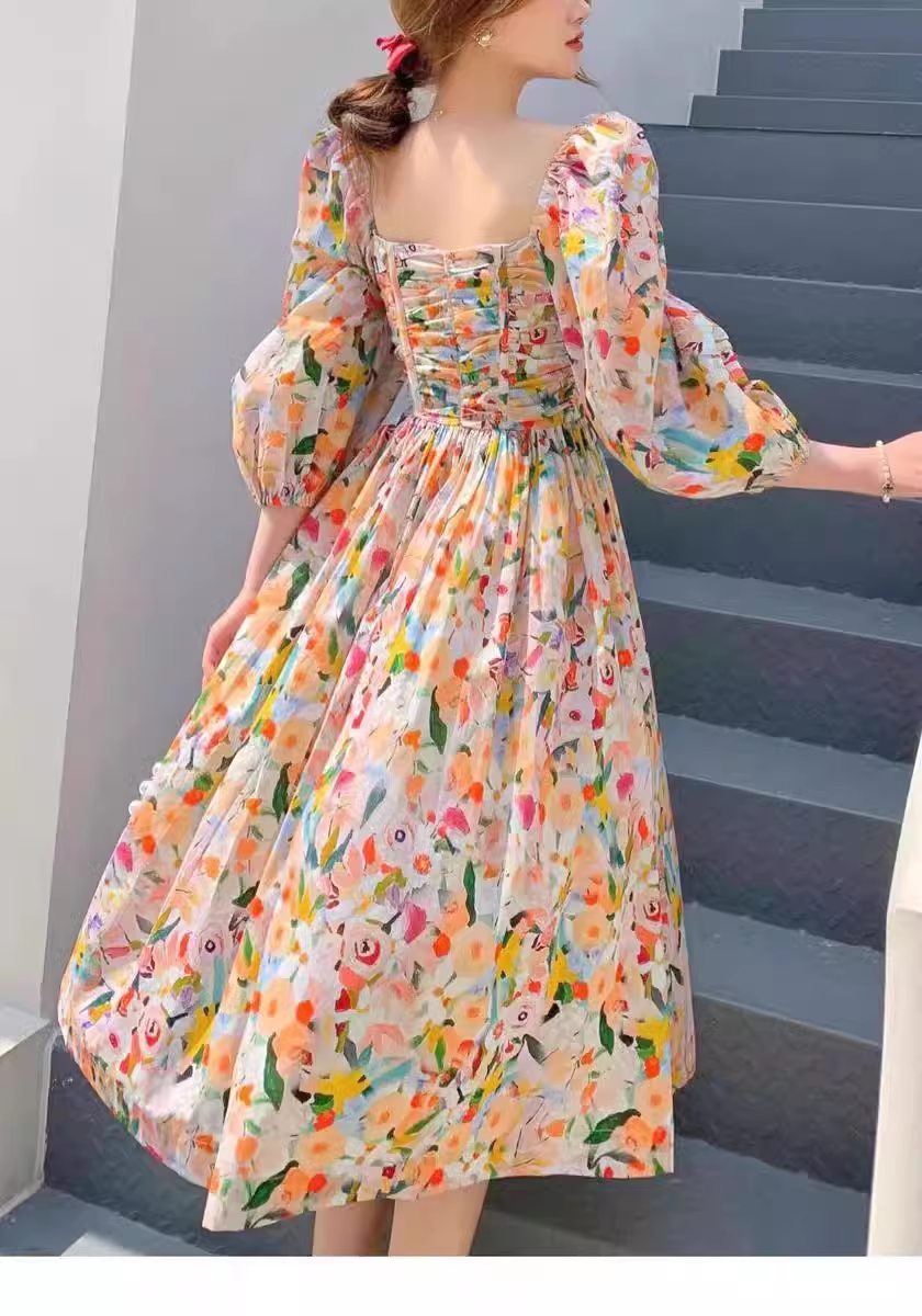 Retro Chic Floral Puff Sleeve Dress for Women Summer  HOT1133