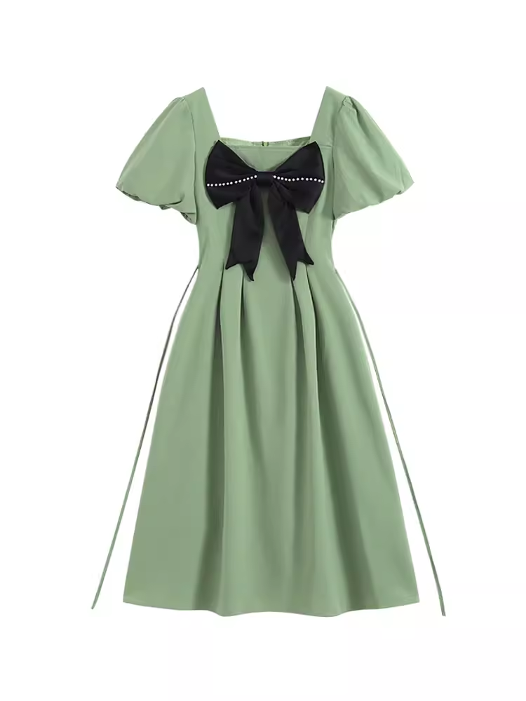 Green Square Neck Bow Dress HOT1553