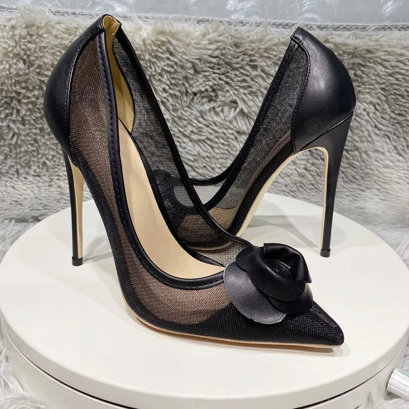 Futurecen Black Matte Flower Women Gauze Mesh Pointed Toe Stiletto Pumps Elegant Ladies Designer Slip On High Heel Shoes Customize