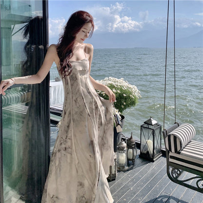 Summer Ink Painting Maxi Slip Dress Women Long Elegant Chinese Slim Flowy Formal Dresses for Wedding Guest Birthday Prom