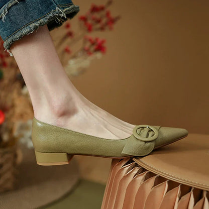 Futurecen  - NEW Autumn/Spring Women Pumps Genuine Leather Shoes for Women Pointed Toe Low Heel Women Shoes Soft Retro Buckle Female Shoes