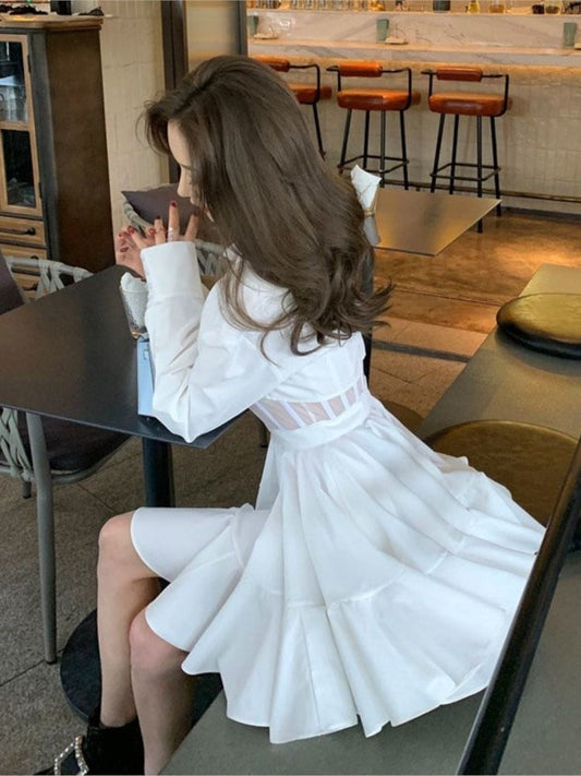 Elegant Hollow-out White Dresses For Women Spring New Long Sleeve Pleated Mini Dress French Style Shirt Vestidos