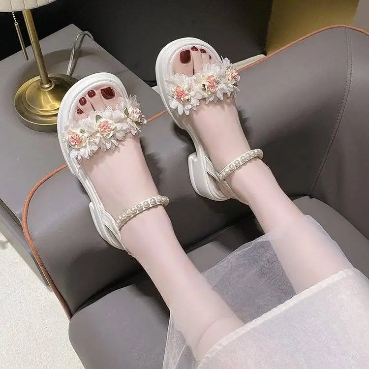 Summer One Word Sandals for Woman Diamond Women's Shoes Beach Footwear with Medium Heels Beige Platform Rhinestones F Korea