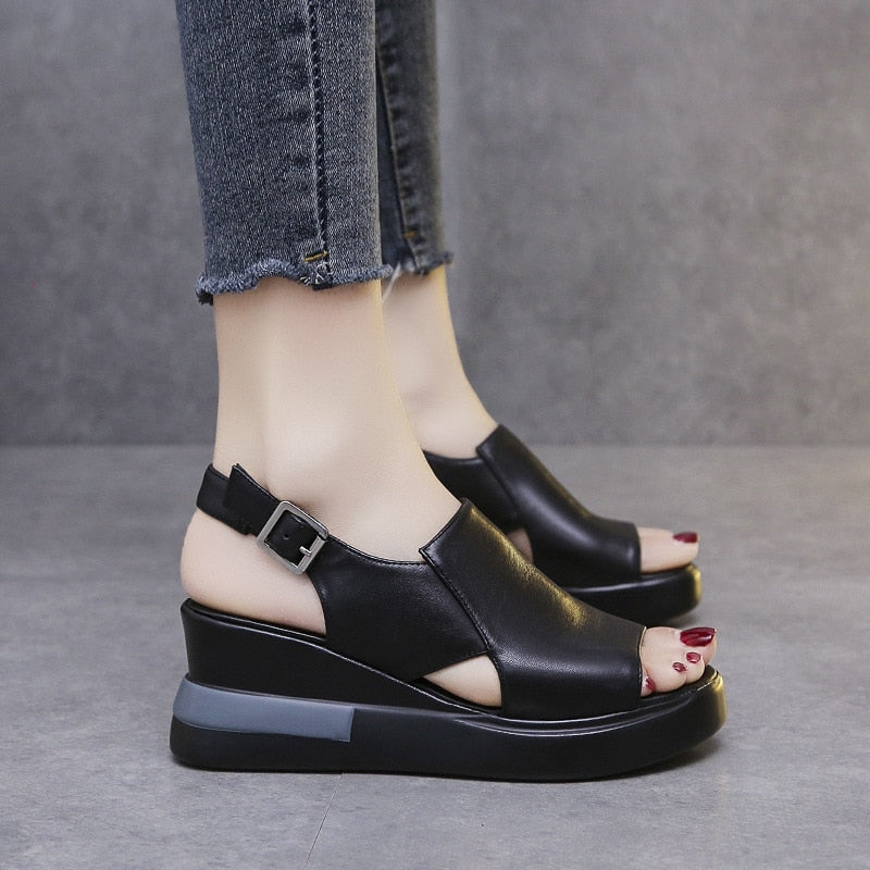 Thick-soled Wedge Sandals Women  Summer High-heeled Fish Mouth Women's Shoes Soft Leather High Platform Shoes Slippers