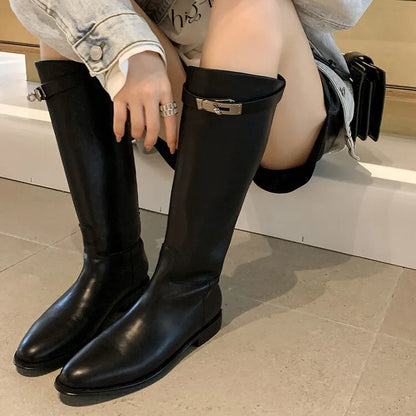 Luxury Brand Women Genuine Leather Riding Boot Kneehigh Equestrian Designer Shark Lock Boot Winter Shoe 33-42