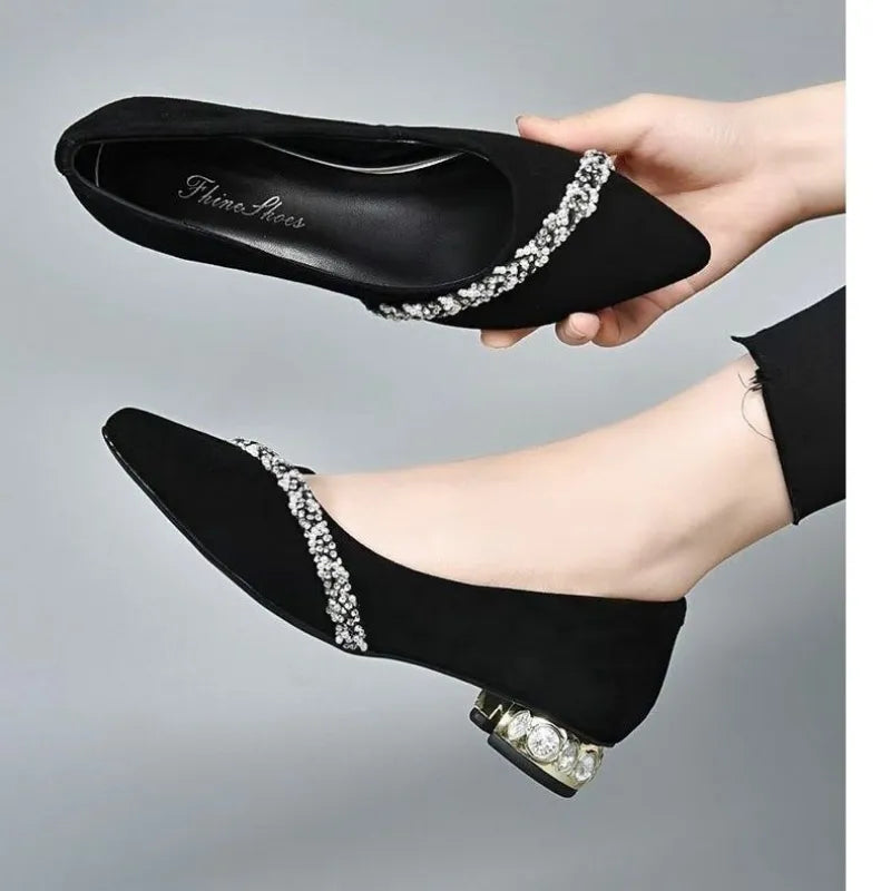 Women's Summer Footwear Diamond Shoes for Woman  Rhinestone Office Low Heel Elegant with Crystals Black Stylish on Promotion