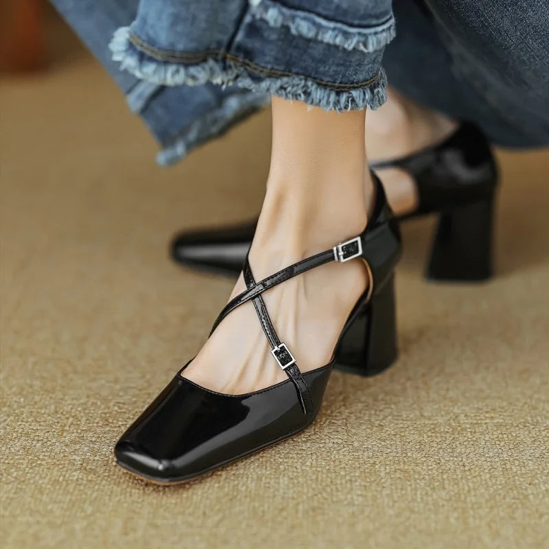 Futurecen Women Pumps 6 cm Mary Jane Shoes French Style  Patent Leather Sandals Buckle Spring Autumn Pumps Square Toe Lady Shoes