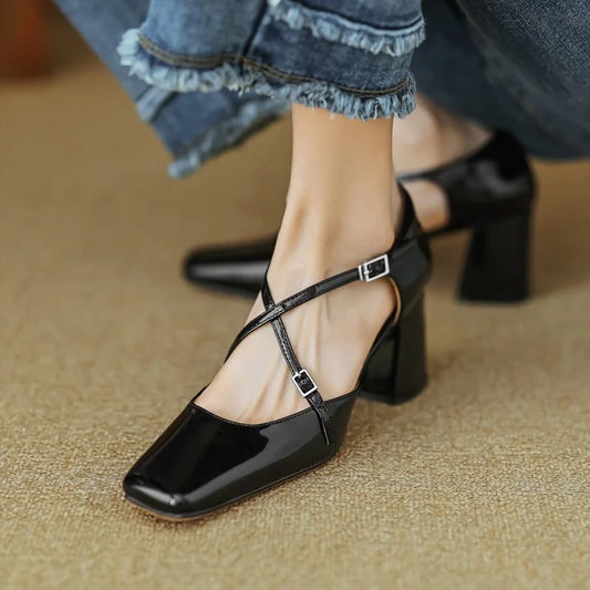 binfenxie Women Pumps 6 cm Mary Jane Shoes French Style  Patent Leather Sandals Buckle Spring Autumn Pumps Square Toe Lady Shoes