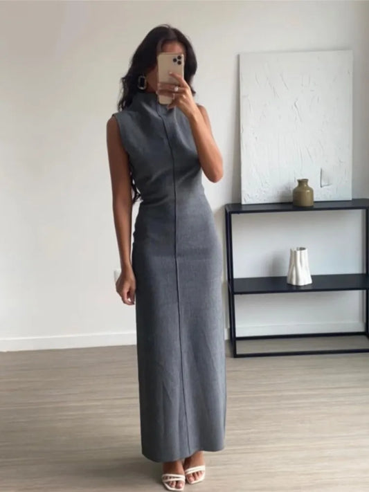 Elegant Grey Women Pencil Long Dress Female Stand Collar Sleeveless Bodycon Dresses Lady Solid Split Party Club Robes