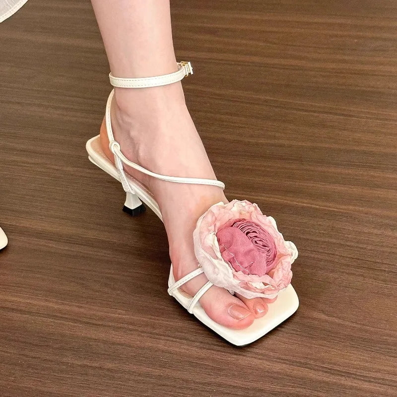 binfenxie  -  2024 Colorful 3D Flower Short Heel Sandals Square Headed Open Toe Party Fashion French Sandals Detachable Rose Woman Shoes 35-39