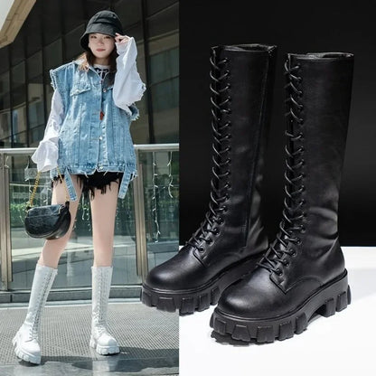 binfenxie Women's Mid Calf Boots Padded Shoes Knee High Winter Sneakers Punk Style Military Casual White Black 2023 Lucury Platform Woman