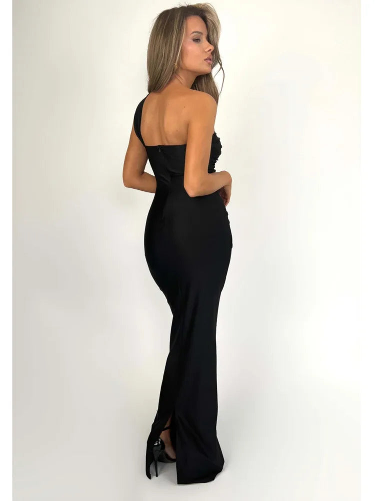 Elegant Sleeveless Single Shoulder Strap Zipper Evening Dress Women Pleated Slim Maxi Dress Female Party Club Vestidos