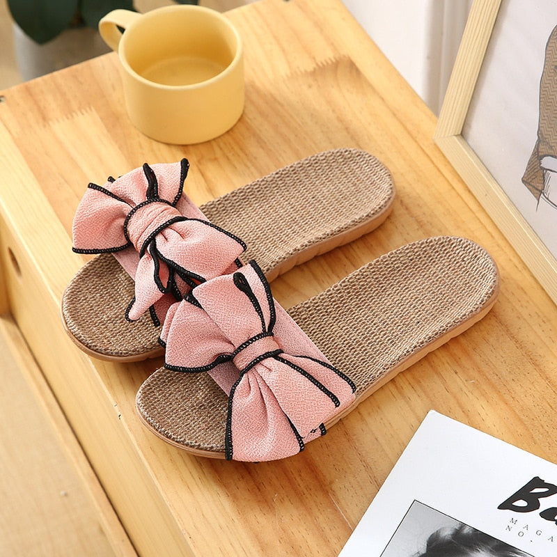 Women Summer Casual Slides Comfortable Flax Slippers Striped Bow Linen Flip Flops Platform Sandals Ladies Indoor Shoes