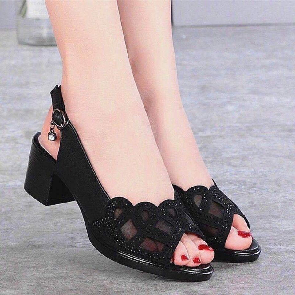 Women's Sandals Summer Mesh Fish Mouth Chunky Heel Semi-High Heeled Hollow Out Soft Bottom Mom Shoes Zapatos Para Mujer