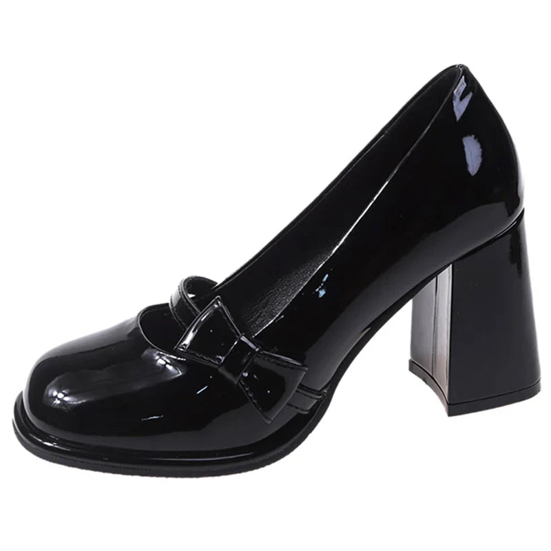 binfenxie  -    High Heels Mary Janes Women Cute Round Toe Patent Leather Pumps Woman Slip-On Square Heeled Bow Party Shoes Ladies