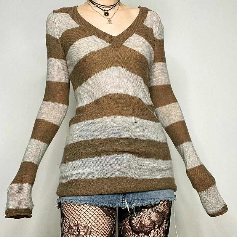 binfenxie Y2K Striped Sweater Mini Dress Mall Goth Grunge Emo Bodycon Chic Women Off Shoulder Full Sleeve Slim Fit Dresses 00s Vintage