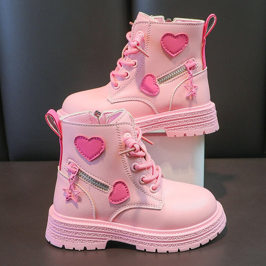 British PU Cool Girls Autumn and Winter Casual Cotton Boots Soft Pink with Love Side Zip Princess Kids Fashion Girls Ankle Boots