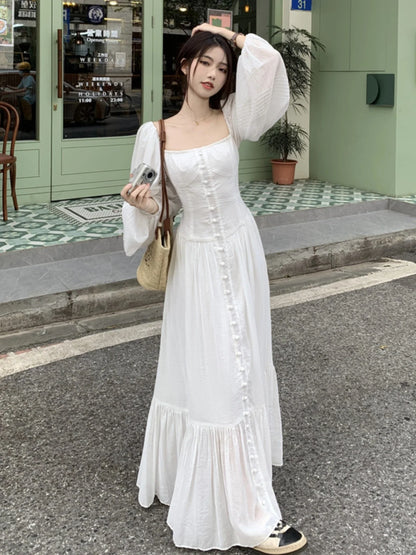 Women Vintage Square Collar White Dress for Autumn New Single Breasted Lantern Sleeved Robe France Elegant Party Vestidos