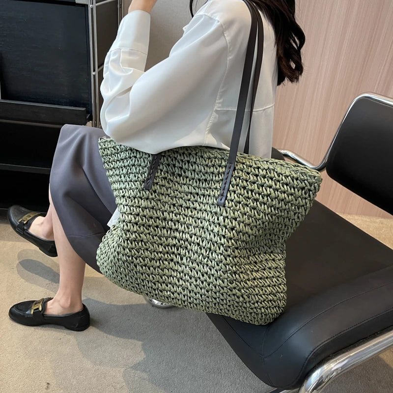 binfenxie Luxury Design Straw Woven Tote Bags For Women Large Capacity Shoulder Beach Bag Pure Color Summer New Big Shopping Handbag