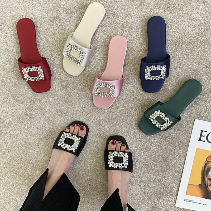 Summer New Square Rhinestones Satin Flat Slippers for Women Shoes Fashion Slides Comfort Light Sandals Female Silk Sandalia