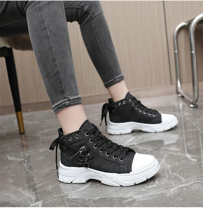 New Canvas High-top Women Shoes Spring Breathable Denim Sneakers Women Summer Thick Bottom Heightening Sports Casual Shoes