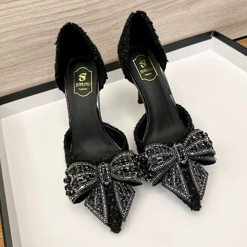 Luxury Pearl Crystal Bowtie White Wedding Shoes Women Spring Brand Designer High Heels Pumps Woman Thin Heeled Party Shoes