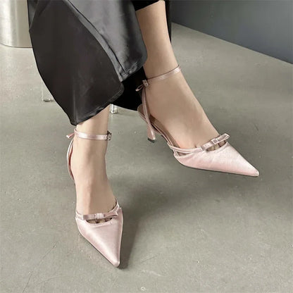 Futurecen 2024 New Design Ankle Buckle Strap Women Pumps Sandals Thin Heels Pointed Toe Shallow Slingback Mules Tacones Mujer