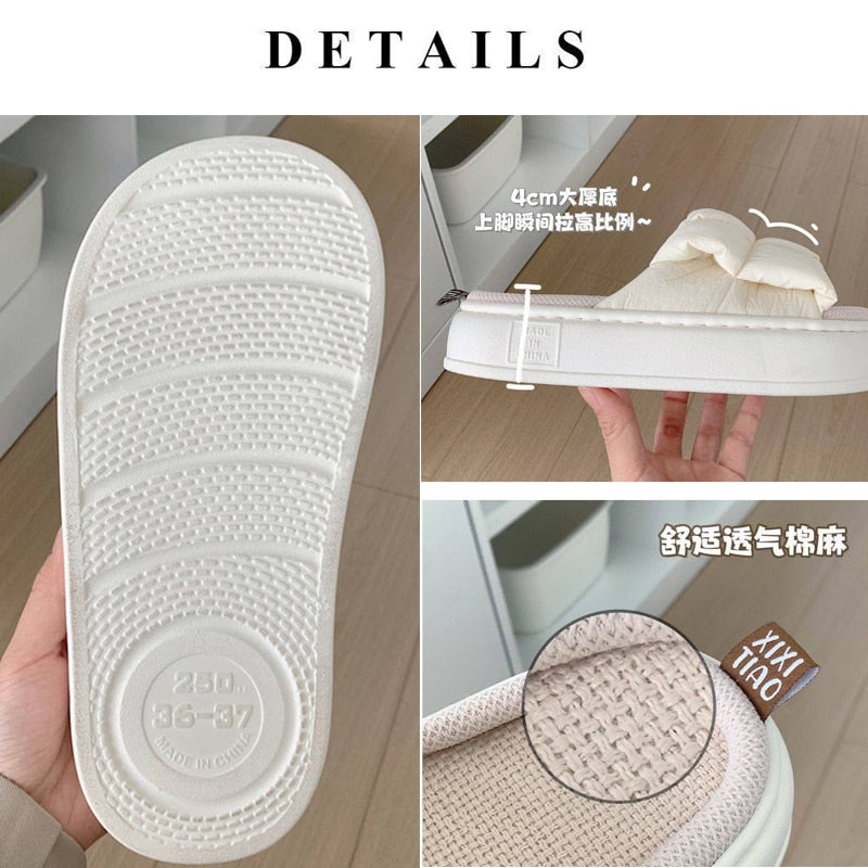 Women Slippers Summer Four Seasons Checked 4cm Thick Soft Sole Linen Slippers Indoor Home Bedroom Couple Floor Slippers