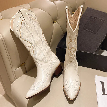 White Cowboy Boots for Women Embroidery Pointed Toe Mid Calf Botas Female Slip On Thick Heels Cowgirl Boots Woman 42