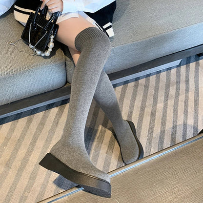 Autumn Winter Women Platform Over The Knee Boots Ladies Stretch Knitted Socks Long Boots Slip-On Thick Bottom Shoes Woman