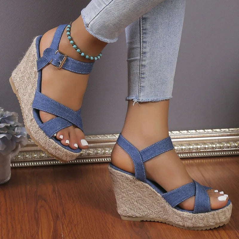 Women's Sandals Summer New Women's Shoes Fashion Denim Rope Wedge Sandals Women