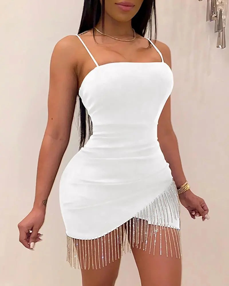 binfenxie New Woman Party Night Birthday Tassel Split Sleeveless Bodycon Dress Summer Elegant Suspender Short Mini Pencil Sexy Dresses