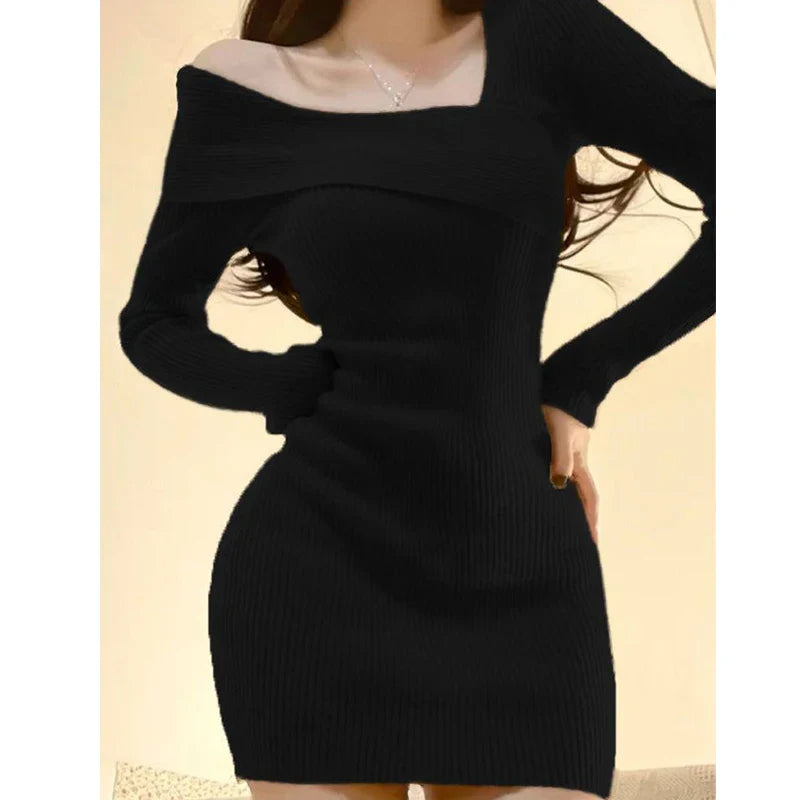 binfenxie Women's Long sleeved Dress One line Neck Knitted Wrapped Hip Dress Autumn Fashion Off the Shoulder Dresses